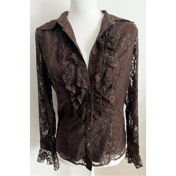 Coldwater Creek • NWT Brown Lace Ruffle Blouse - Picture 1 of 4